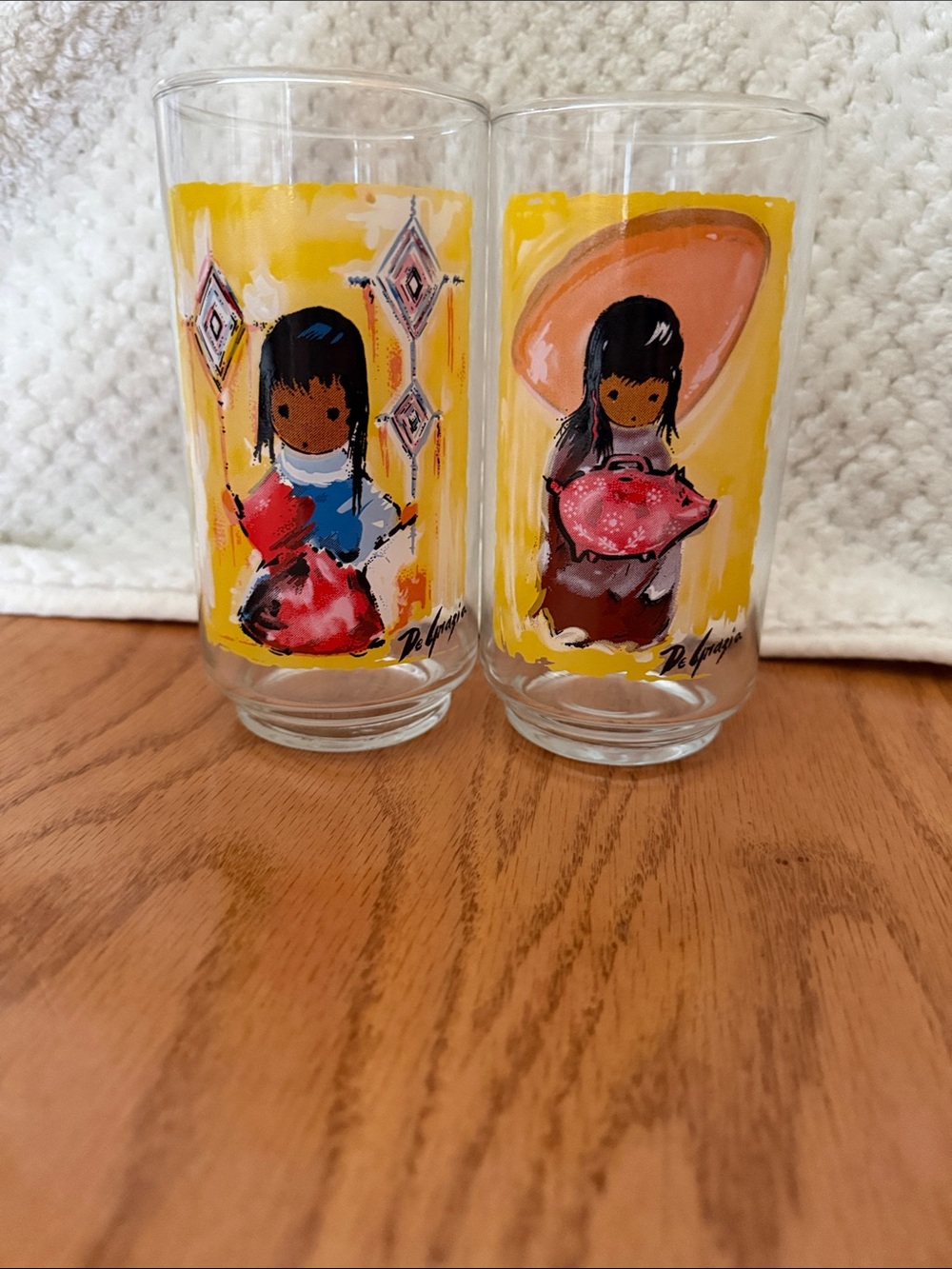 Vintage DeGrazia Glass Tumbler Pair with Yellow & Pink Folk Art Girls